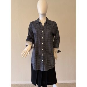 Foxcroft Women's Wrinkle Free Button-Up Shirt 100% Cotton Geometric Navy Long S